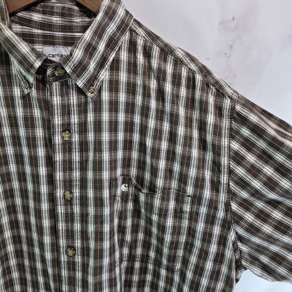Carhartt Shirt Mens XL Brown White Short Sleeve Button Up Plaid Collared Cotton - Picture 10 of 11